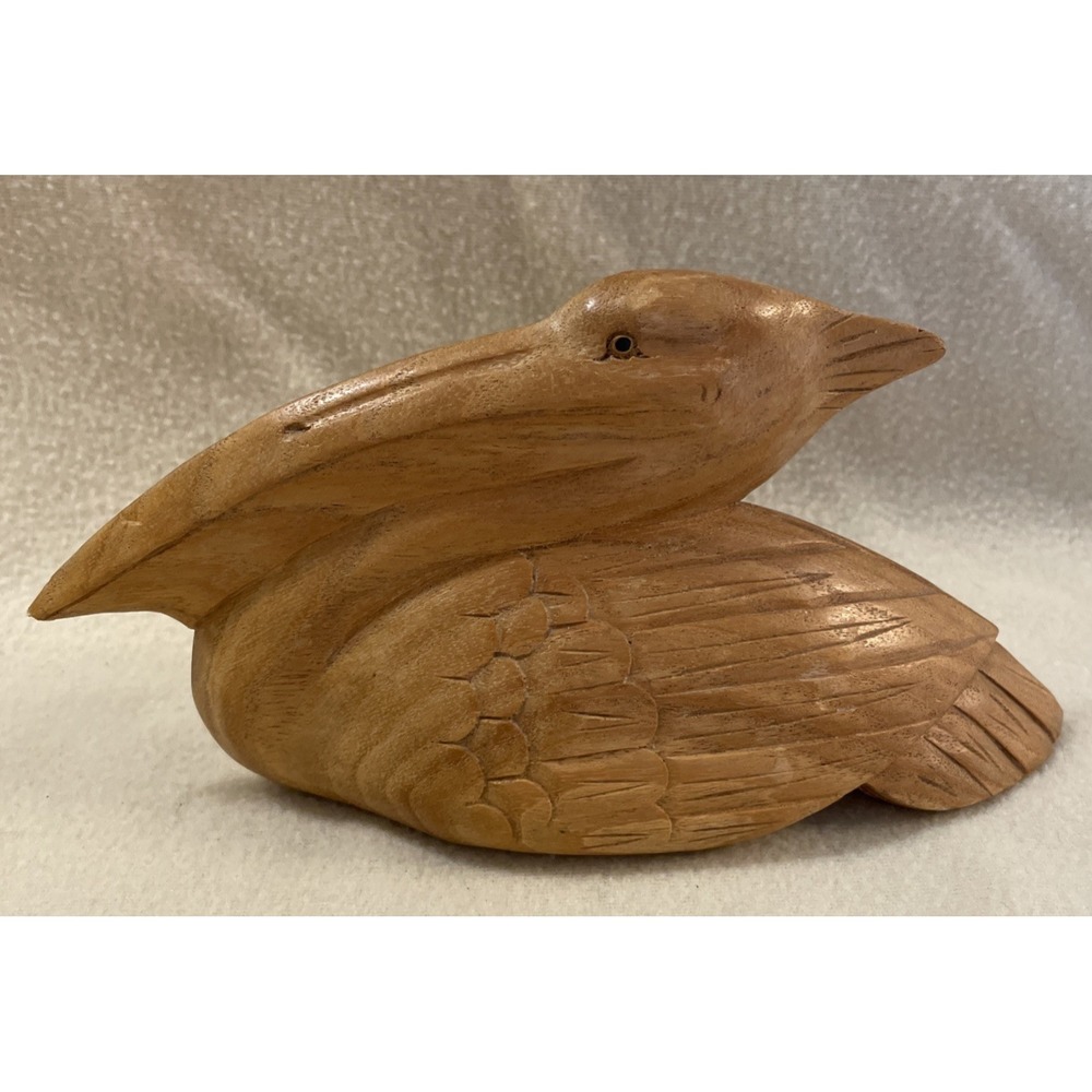 Hand Carved Wooden 9" Pelican Sculpture Figurine Statue Wood Beach Decor Art